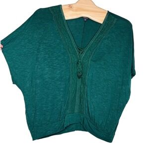 Torrid Top Size 3 Dark Green Crochet Lace Up V-Neck Dolman Slub Knit Boho Blouse